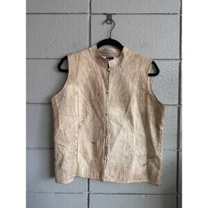 Eileen Fisher Celery Quilted Tussan 100% Silk Mandarin Collar Vest size L